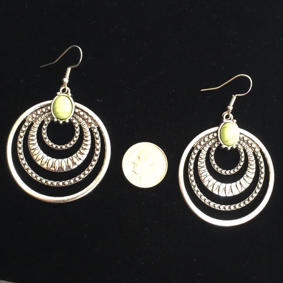 Silver Tone Boho Trendy Loop Dangle Earrings with Green Accent 1 1/2” Across - Picture 2 of 10